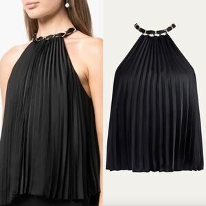 Alice + Olivia Alycia Pleated High Neck Chain Halter Top In Black Size Small New